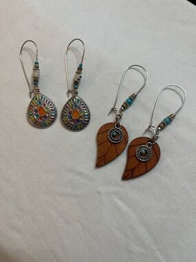 Boho Multicolor Teardrop & Brown Leaf Earring Set - Women's Fashion Earrings